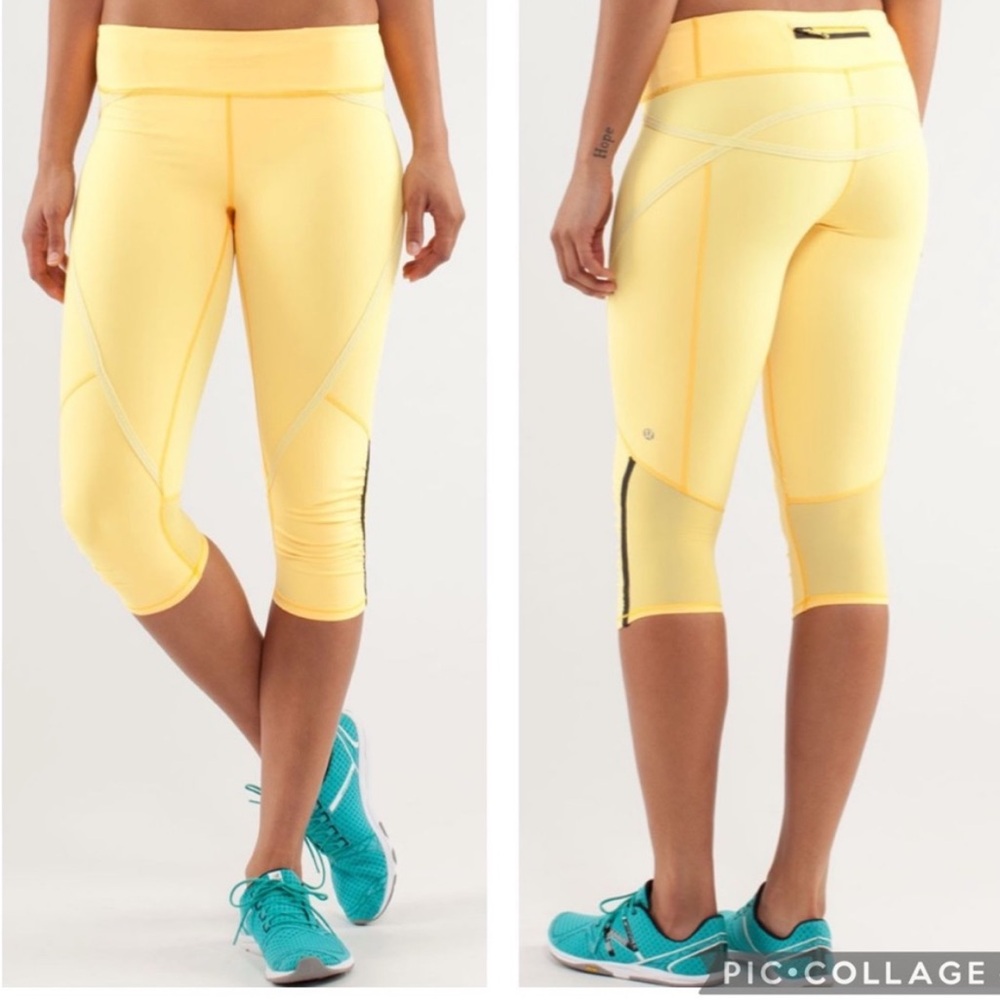 Lululemon Run‎ Inspire Crop II Yellow Mesh Vent Athletic Leggings Size 4